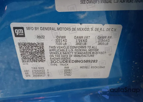 2022 Chevrolet Silverado 1500 4Wd Short Bed Rst из США, поврежденный, VIN 3GCUDEED8NG589283